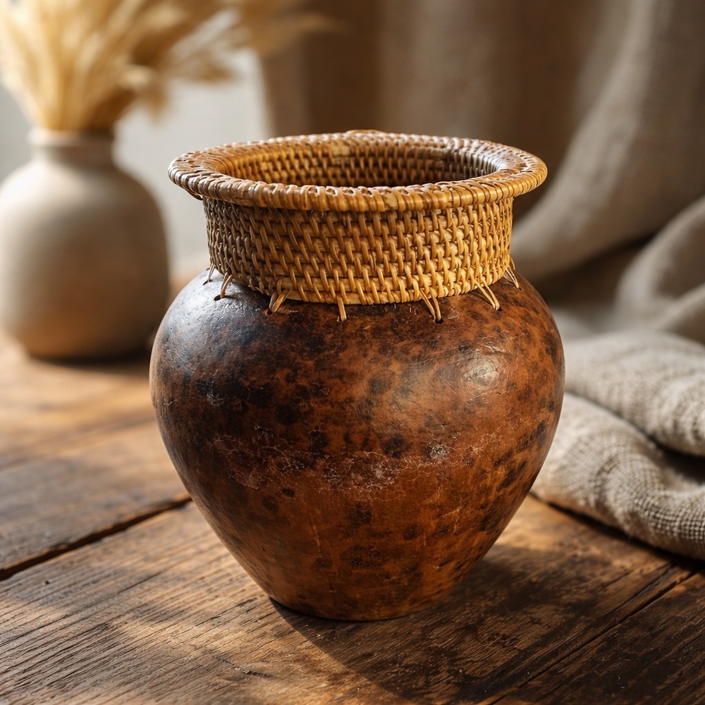 Vintage Gourd Vessel with Woven Rattan Neck - Handcrafted Folk Art Decor